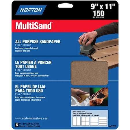 Norton Co 9" x 11" MultiSand All Purpose Sanding Sheet 150-Grit, PK 5 47720